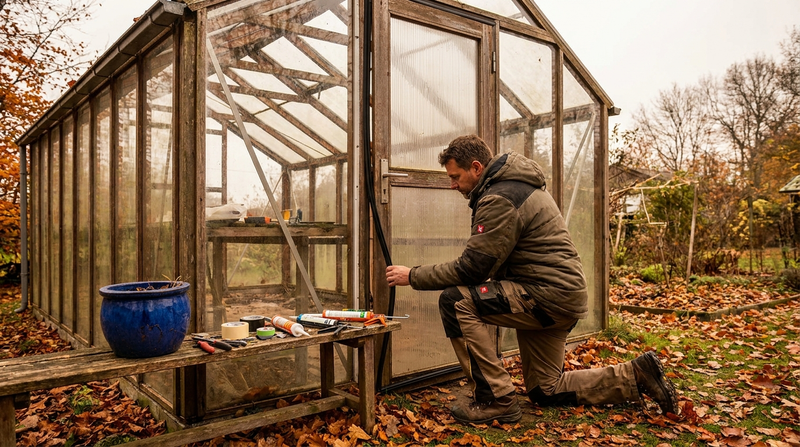 Gewächshaus im Herbst mit Reparatur-Materialien — BIWO Bauwelt