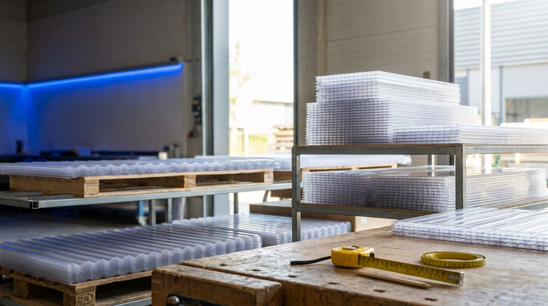 Bauplatten in verschiedenen Standardformaten auf Werkstattbank — BIWO Bauwelt