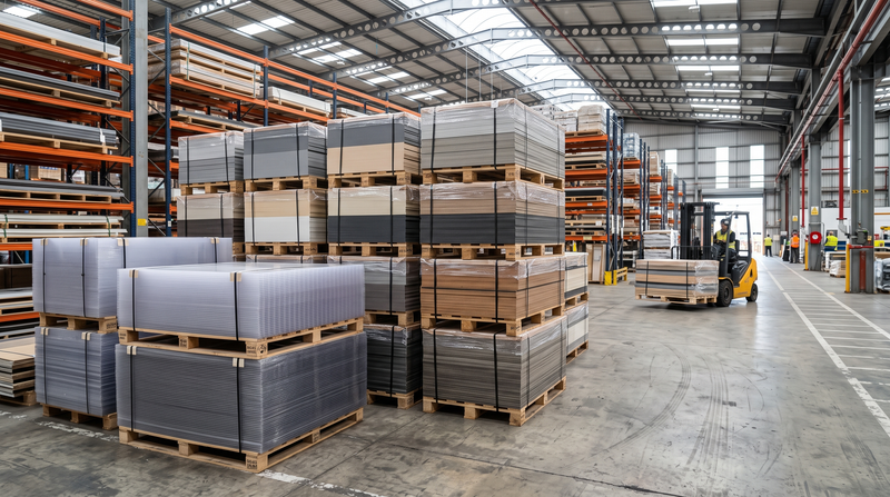 Paletten mit Bauplatten im Lager für Grossprojekte