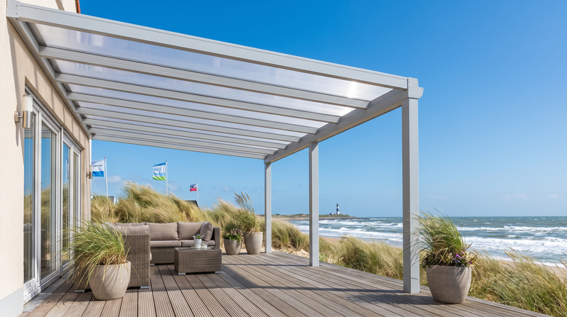 Terrassenüberdachung in Schleswig-Holstein: Baugenehmigung, Wind- & Schneelast & passende Platten