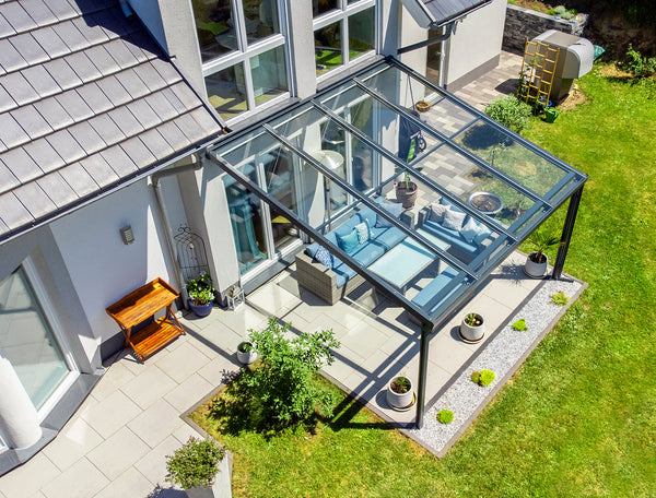 Terrassendach Deluxe aus Aluminium mit Echtglas-Bedachung