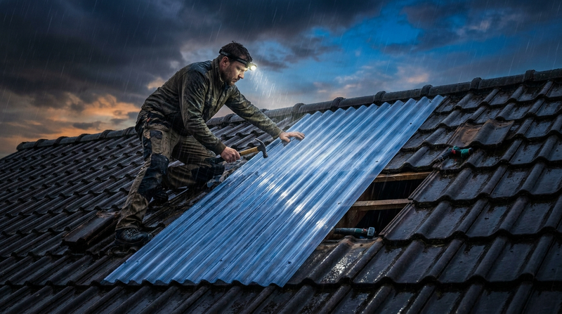 Notfall-Dachreparatur bei Sonnenaufgang mit Polycarbonat-Wellplatte — BIWO Bauwelt