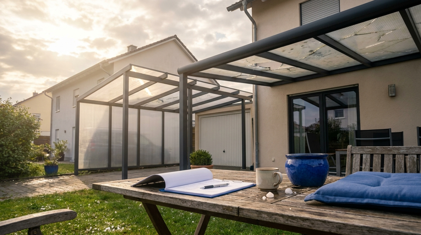 Carport und Terrassendach nach Hagel mit Versicherungsunterlagen — BIWO Bauwelt