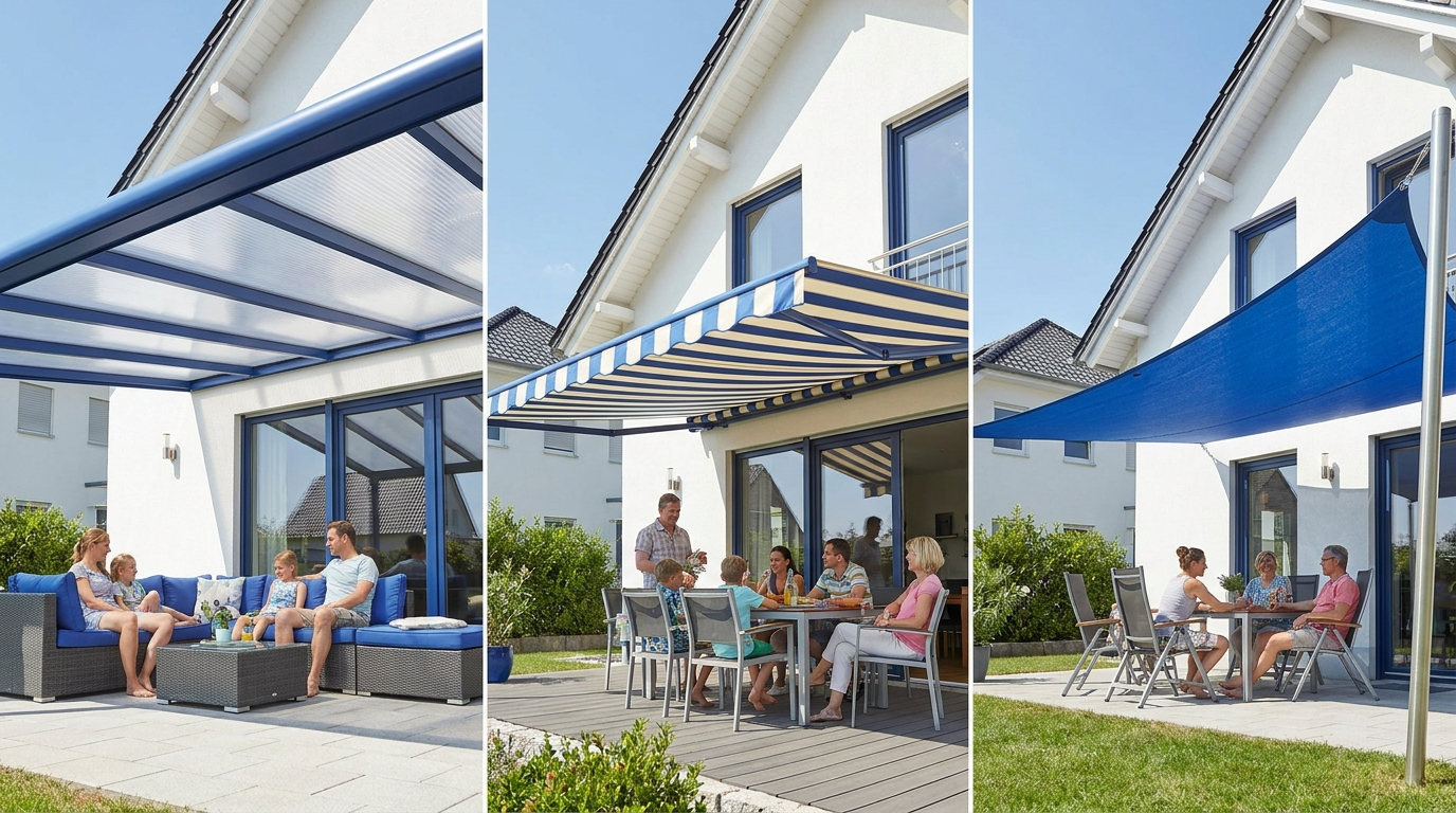 Vergleich Terrassen-Sonnenschutz: Polycarbonat, Markise, Sonnensegel — BIWO Bauwelt