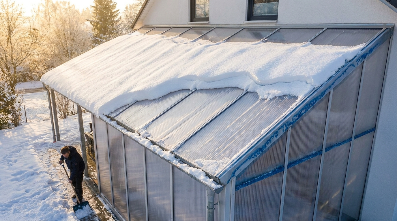 Schneebedecktes Polycarbonat-Dach im Winter — BIWO Bauwelt