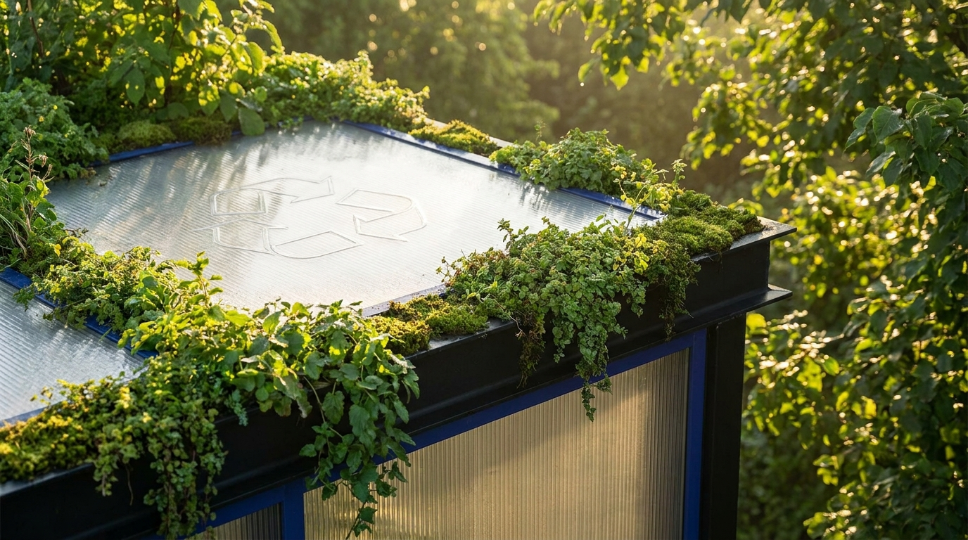 Nachhaltige Polycarbonat-Bedachung mit Recycling-Symbol — BIWO Bauwelt