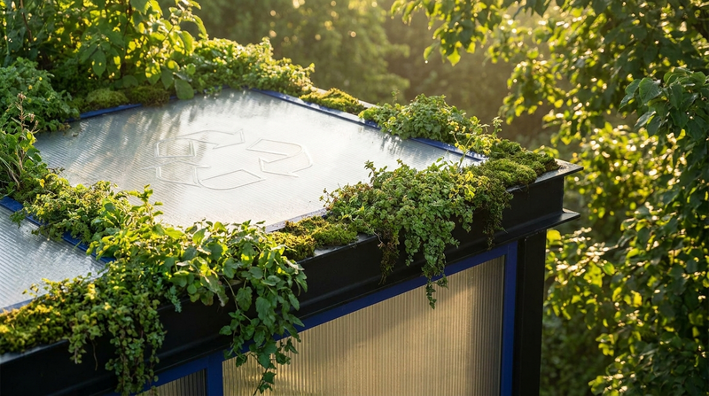 Nachhaltige Polycarbonat-Bedachung mit Recycling-Symbol — BIWO Bauwelt