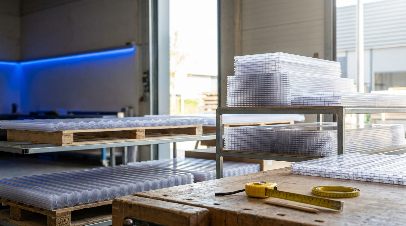 Bauplatten in verschiedenen Standardformaten auf Werkstattbank — BIWO Bauwelt