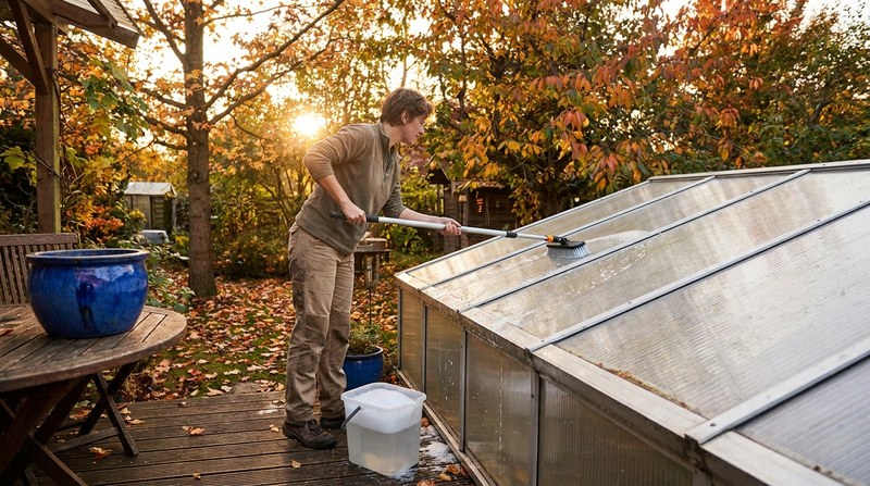 Homeowner reinigt Polycarbonat-Terrassendach im Herbst — BIWO Bauwelt
