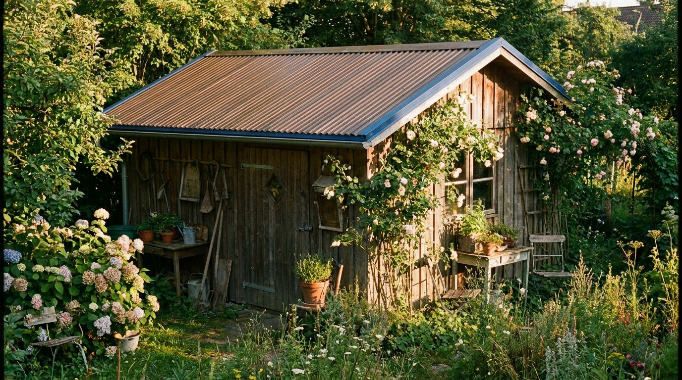 Gartenhaus mit neuem Wellplatten-Dach Notfall