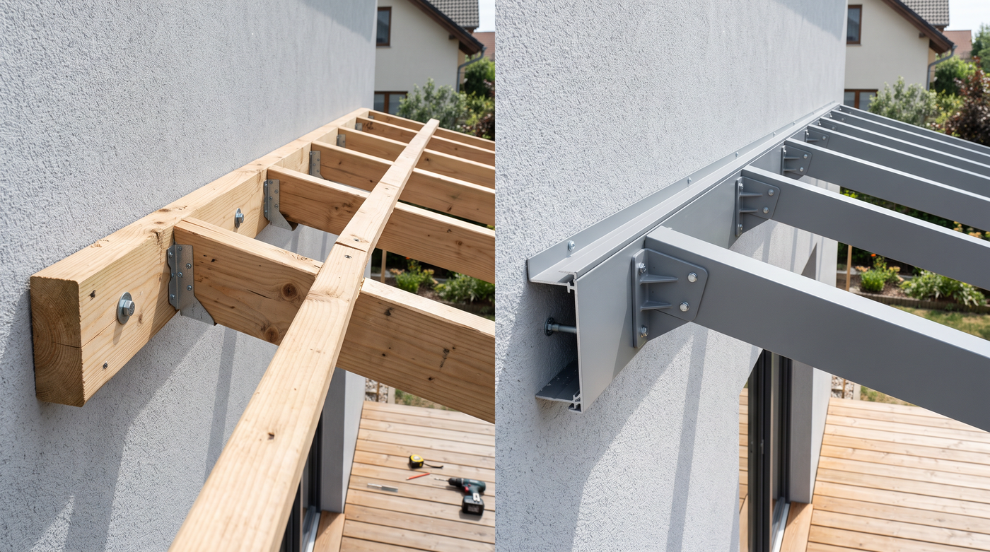 Holz- und Alu-Unterkonstruktion fuers Terrassendach im Vergleich