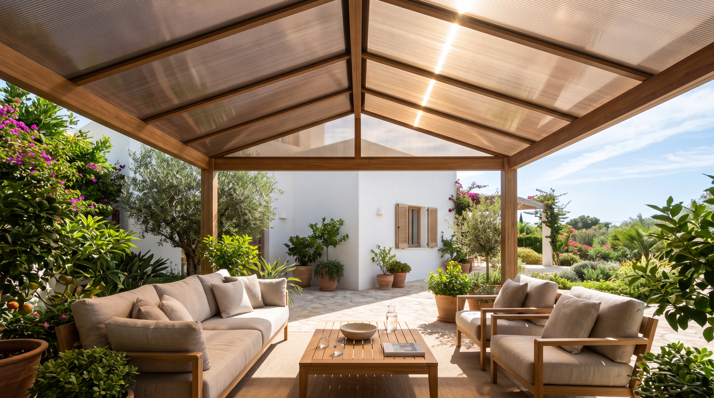 Sonnenschutz-Stegplatten mit Hitzeschutz (Heatstop) auf einer Terrasse