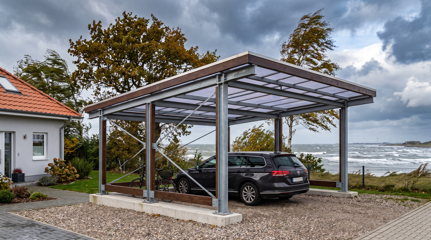 Windlast: stabiles Carport mit Bauplatten-Dach bei Sturm