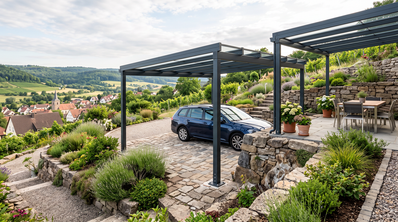 Terrassendach in Hanglage auf unebenem Boden montieren