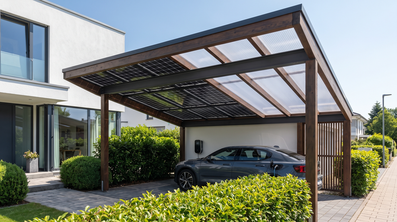 Solarmodule auf dem Carport-Dach neben Bauplatten