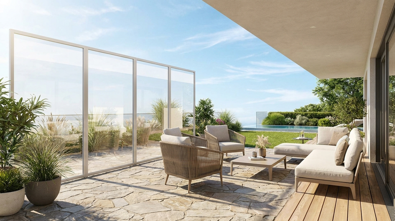 Terrasse: seitlicher Windschutz aus klaren Platten