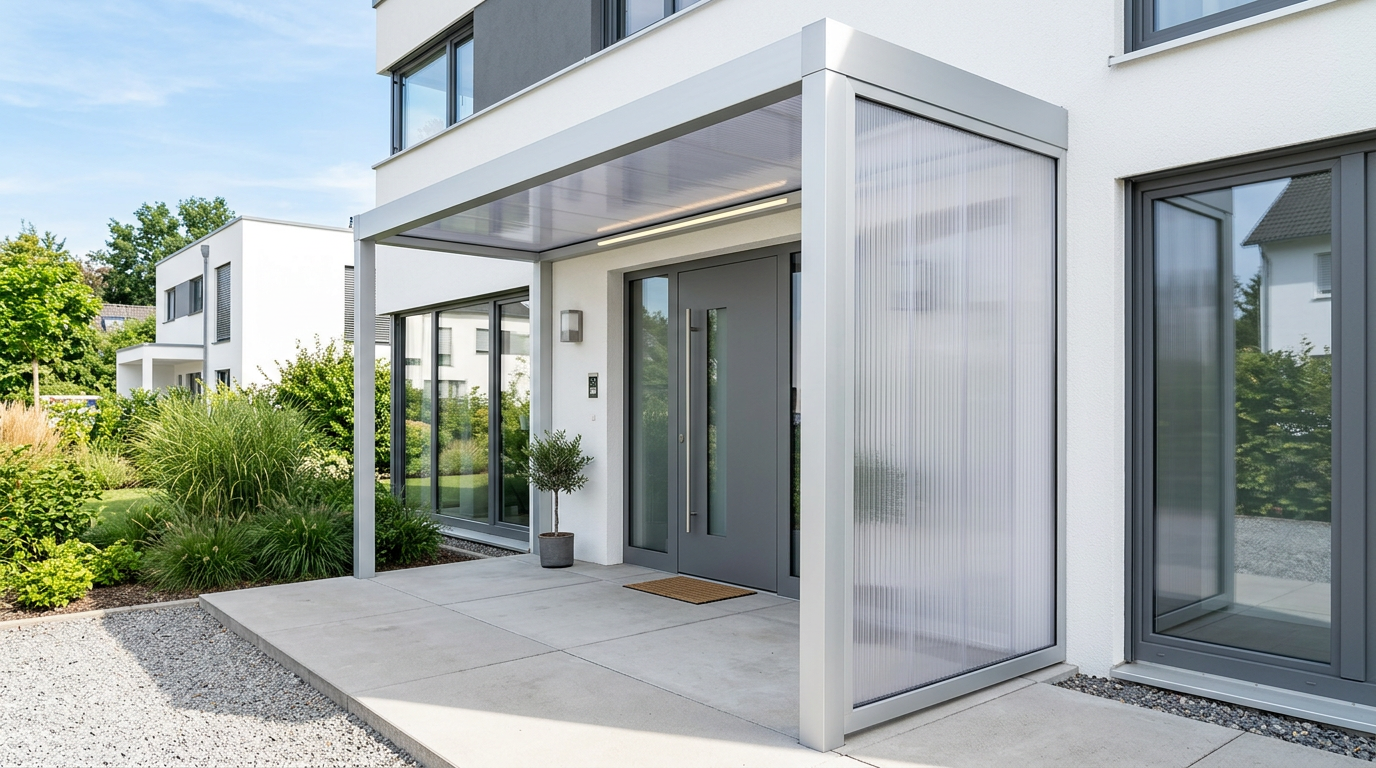 Vordach-Seitenteil aus Platten – Windschutz am Eingang