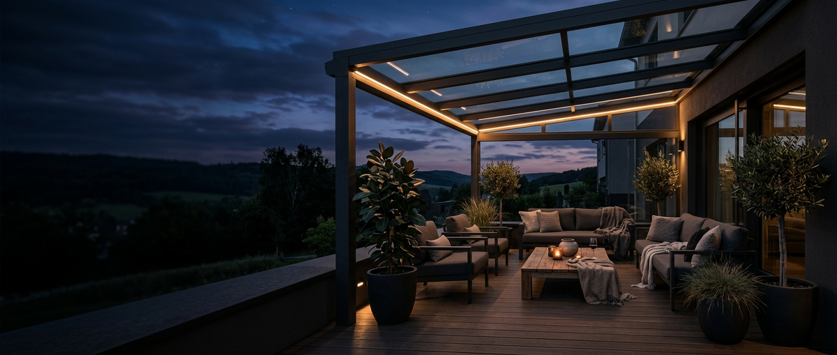 Überdachte Terrasse am Abend mit LED-Beleuchtung – Angebote bei BIWO Bauwelt