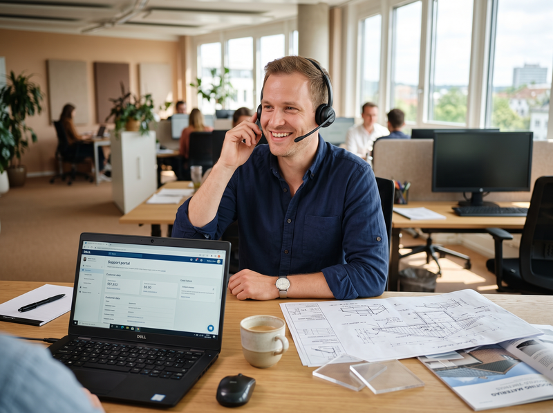 BIWO Bauwelt Kundenberater mit Headset im Büro
