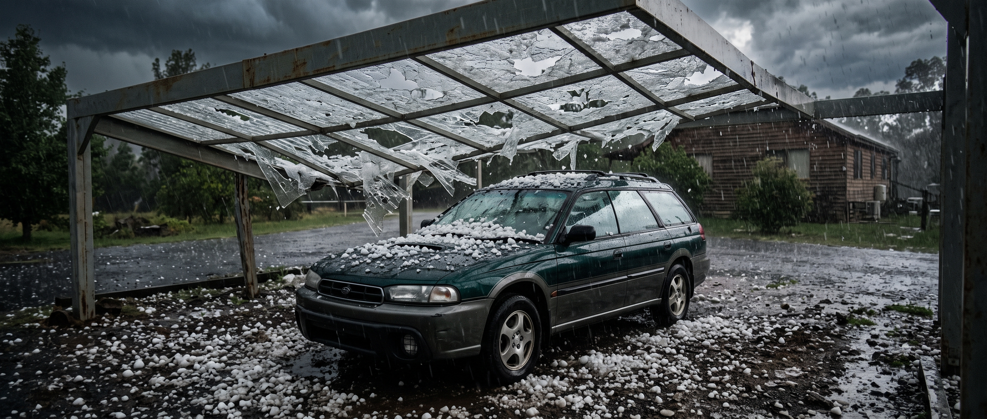 Hagelschaden am Auto unter zerstörtem Carport-Dach