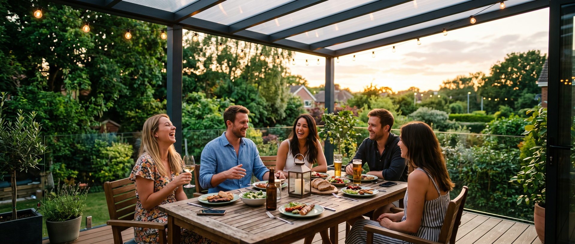 Sommerabend mit Freunden auf überdachter Terrasse
